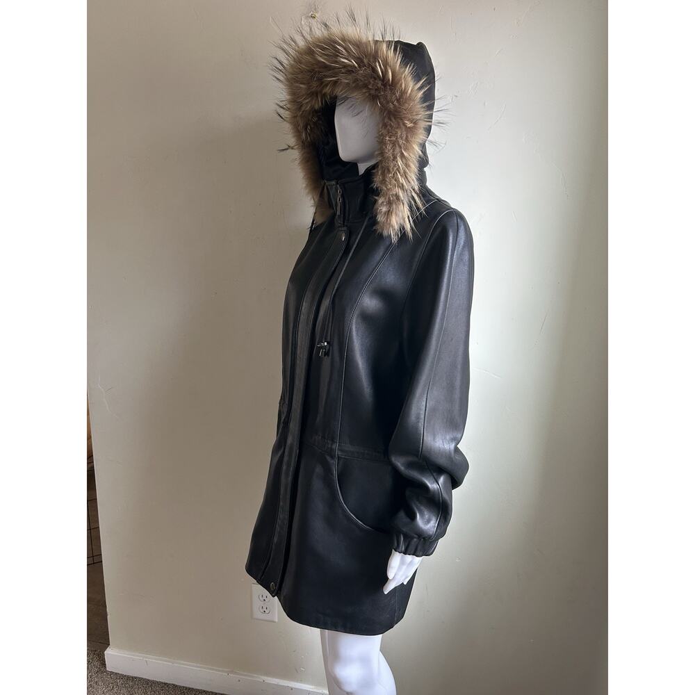 Vintage Worthington Lambskin Leather Parka Women M Raccoon Fur Hood Black Y2K - Picture 12 of 16